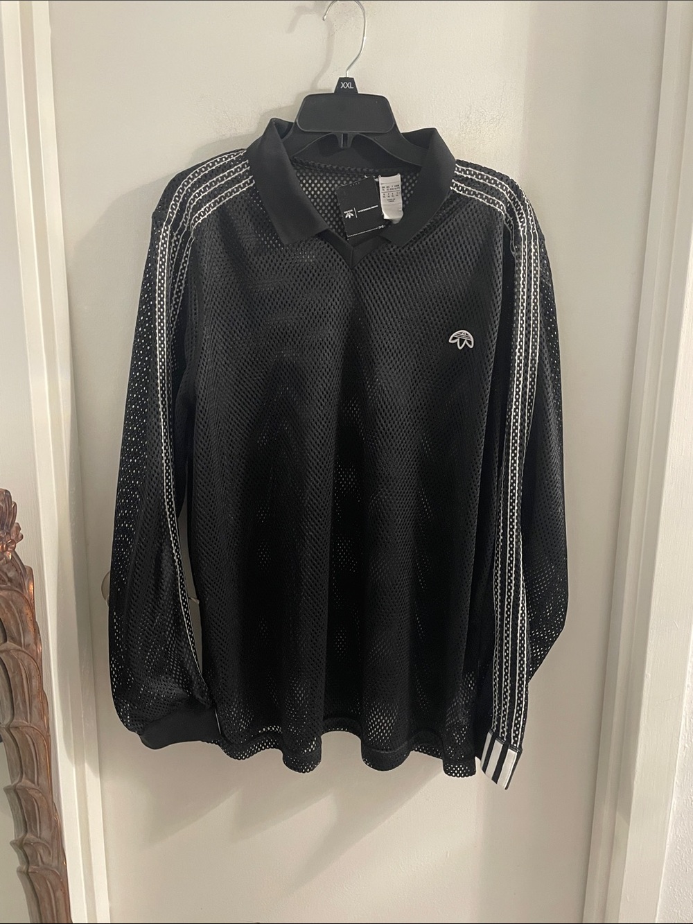 Unisex Adidas Original x Alexander Wang XL Black mesh polo long sleeve shirt